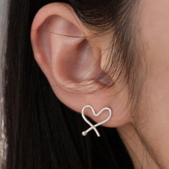 Sterling Silver Heart Earrings | Classic Minimal Unique Heart Anniversary Gifts - Picture 1 of 5